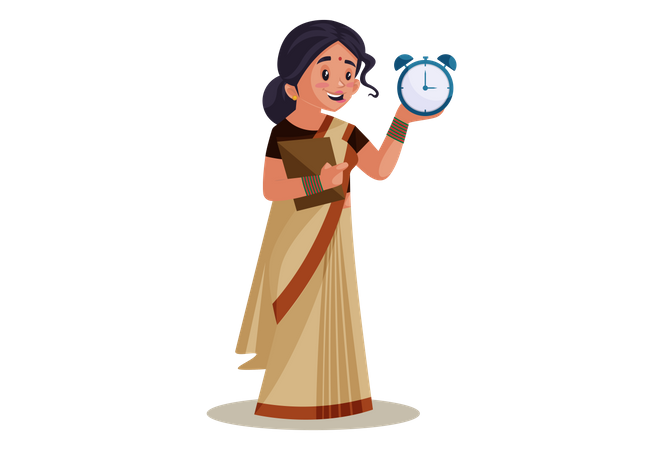 Indian Lady teacher Holding Alarm Clock  Illustration