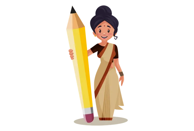 Indian Lady teacher holding Big Pencil  Illustration