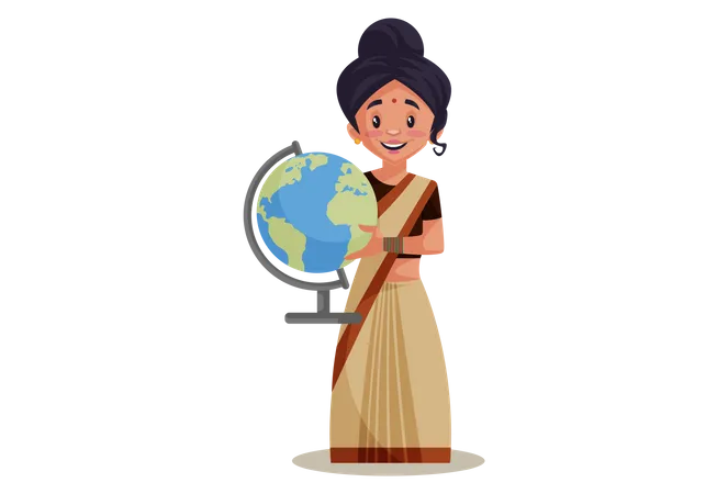 Indian Lady teacher holding educational globe Illustration
