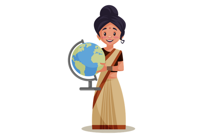 Indian Lady teacher holding educational globe  Illustration