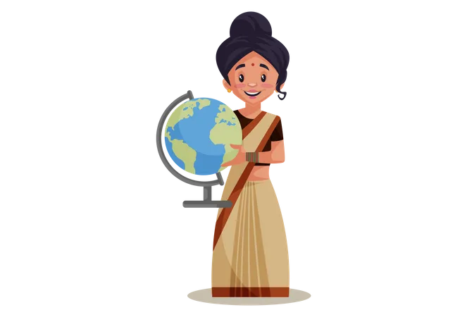 Indian Lady teacher holding educational globe  Illustration