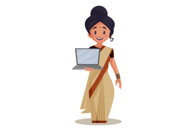 Indian Lady teacher holding Laptop as online Education  Illustration