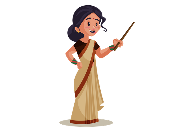 Indian Lady teacher holding Stick  イラスト