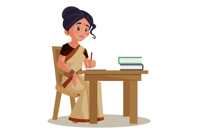 Indian Lady teacher working on desk with books Illustration