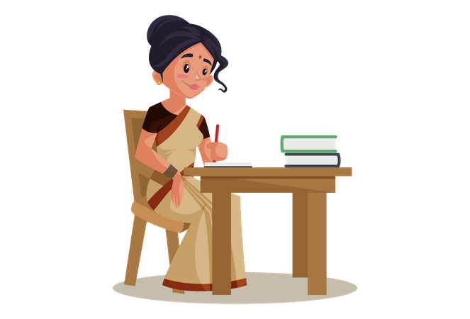 Indian Lady teacher working on desk with books  Illustration