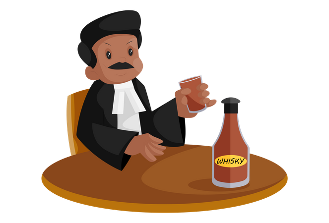 Indian lawyer is holding glass in hand and drinking whiskey  Illustration