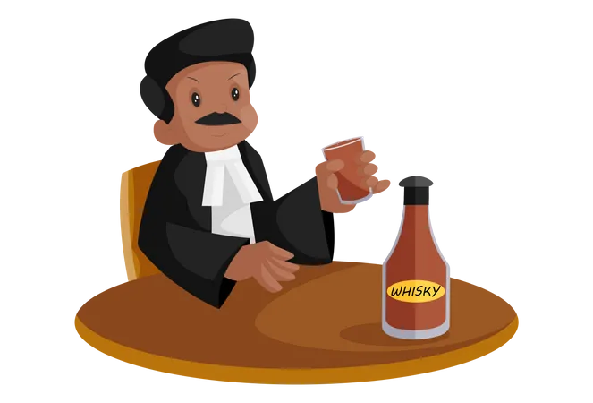 Indian lawyer is holding glass in hand and drinking whiskey  Illustration