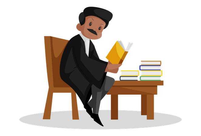 Indian lawyer is sitting on chair and reading law books Illustration
