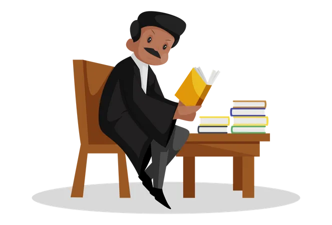 Indian lawyer is sitting on chair and reading law books Illustration