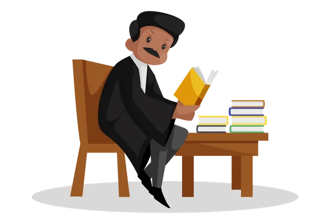 Indian lawyer is sitting on chair and reading law books  Illustration