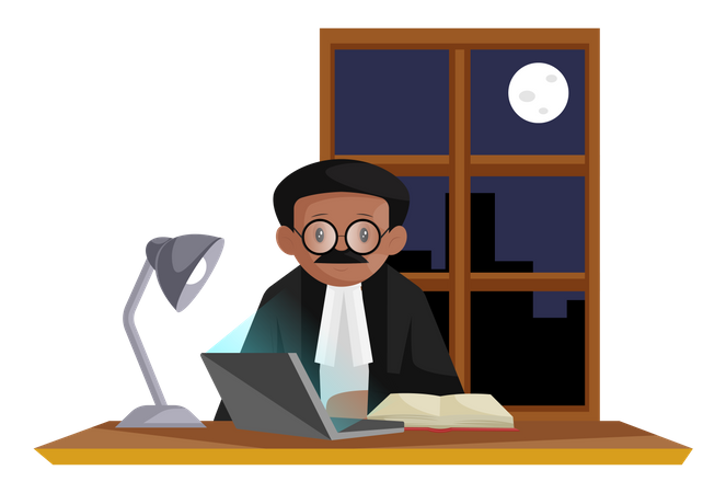 Indian lawyer wearing glasses doing research about case on laptop at night  Illustration