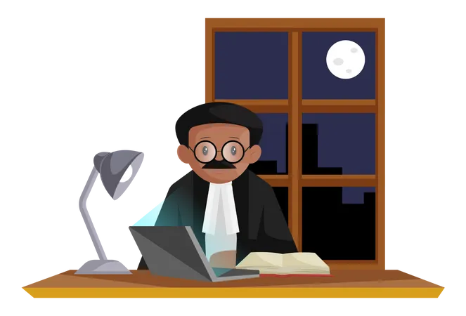 Indian lawyer wearing glasses doing research about case on laptop at night  Illustration