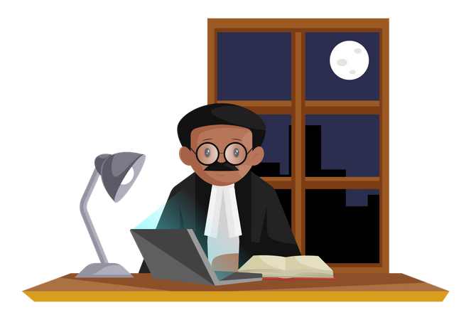 Indian lawyer wearing glasses doing research about case on laptop at night  Illustration