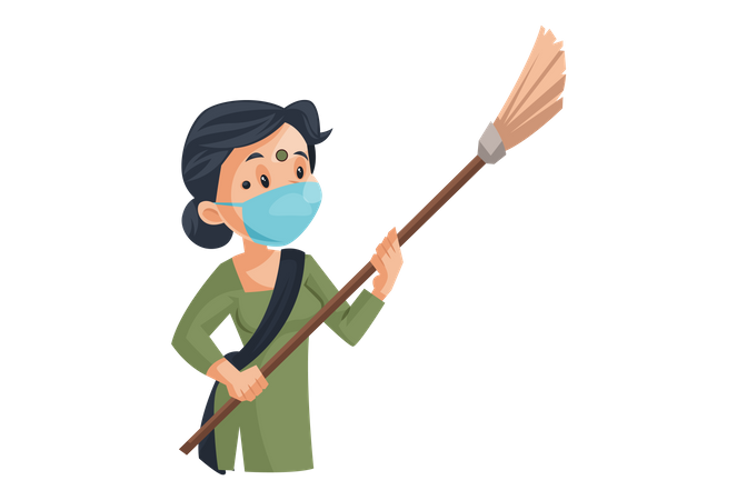 Indian maid wearing mask and cleaning home with a broom Illustration