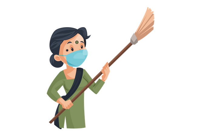 Indian maid wearing mask and cleaning home with a broom  Illustration