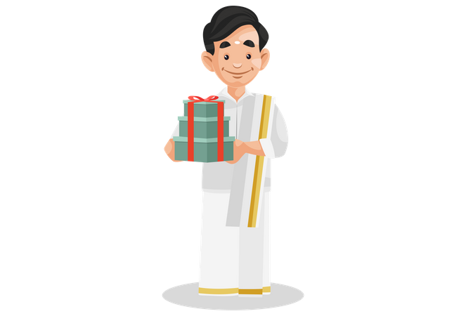 Indian Malayali man holding gift boxes in hands Illustration
