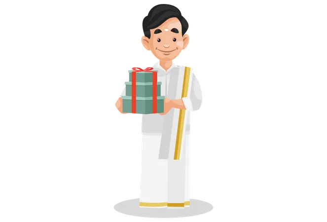 Indian Malayali man holding gift boxes in hands Illustration