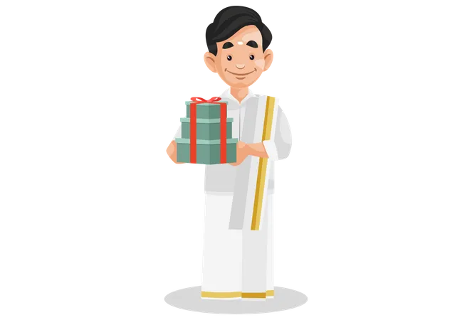 Indian Malayali man holding gift boxes in hands  Illustration