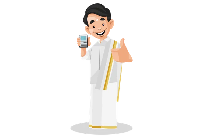 Indian Malayali man holding mobile phone in hand and showing thumbs-up  Illustration