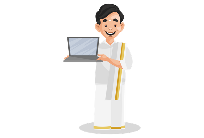 Indian Malayali man is holding laptop in hand Illustration