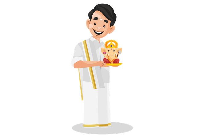 Indian Malayali man is holding Lord Ganesh idol in hands Illustration
