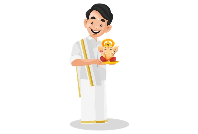 Indian Malayali man is holding Lord Ganesh idol in hands  Illustration