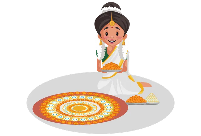 Indian Malayali woman decorating the floor with flowers Illustration