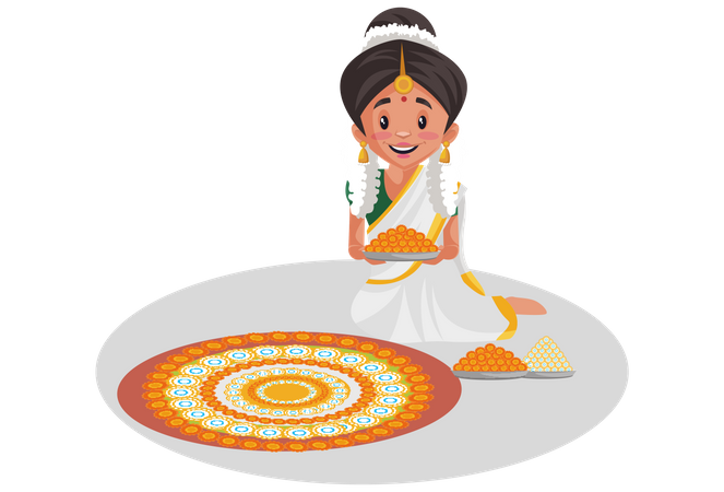 Indian Malayali woman decorating the floor with flowers  Illustration