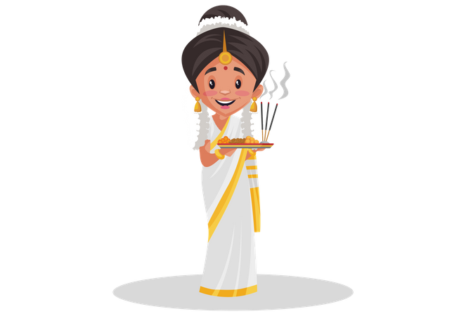 Indian Malayali woman holding worship plate in her hands Illustration