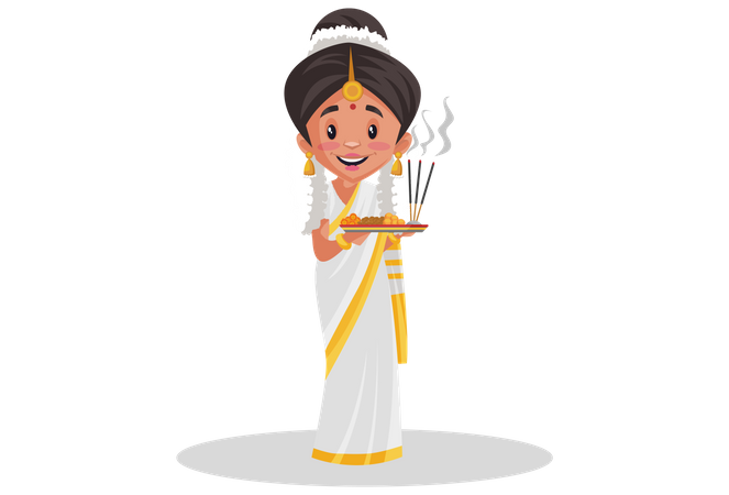 Indian Malayali woman holding worship plate in her hands  Illustration