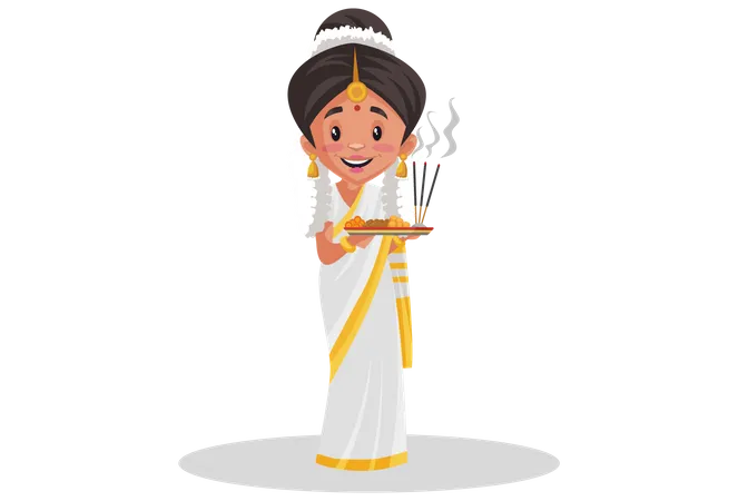 Indian Malayali woman holding worship plate in her hands  Illustration