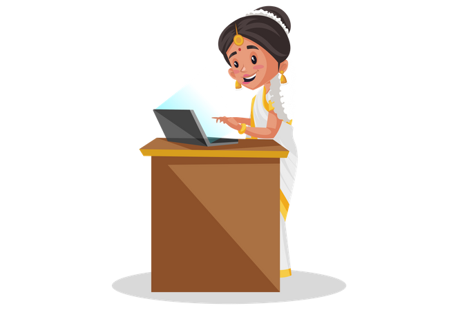 Indian Malayali woman working on laptop  Illustration