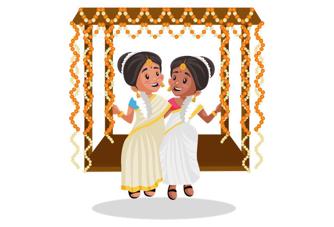 Indian Malayali women are sitting on a swing  Illustration