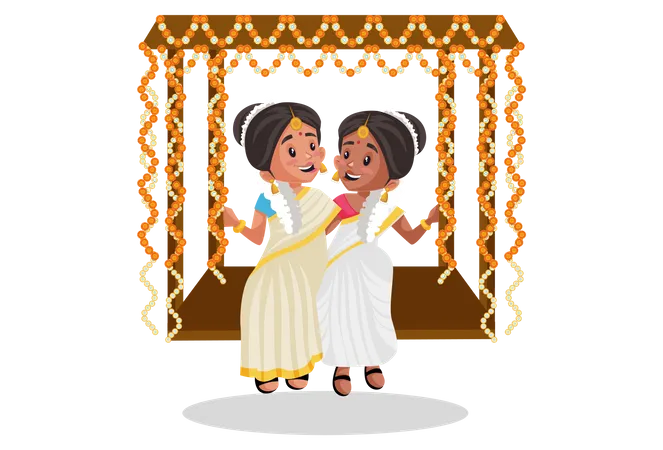 Indian Malayali women are sitting on a swing  Illustration