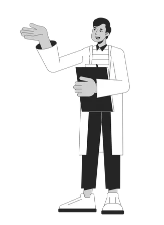 Indian Male Scientist With Document Flat Line Black White Vector Character Discussion Editable Outline Full Body Person Simple Cartoon Isolated Spot Illustration For Web Graphic Design Illustration