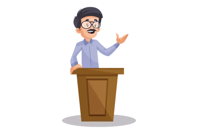 Indian Male Teacher giving speech standing over podium  Illustration