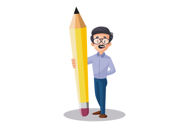 Indian Male Teacher standing with big pencil as educational advertisement concept  Illustration