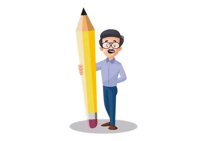 Indian Male Teacher standing with big pencil as educational advertisement concept  Illustration