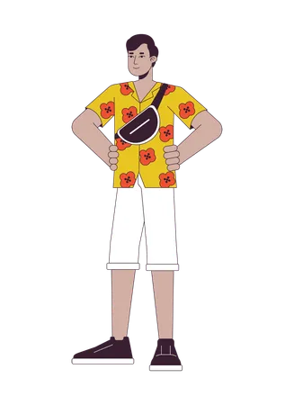 Indian Male Tourist With Crossbody Bag Flat Line Color Vector Character Editable Outline Full Body Person On White Man Wearing Hawaiian Shirt Simple Cartoon Spot Illustration For Web Graphic Design Illustration