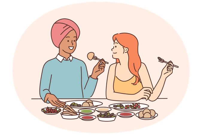 Indian man and caucasian woman sitting at dinner table tasting traditional Indian cuisine  Illustration