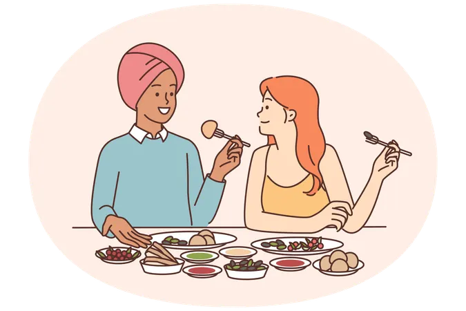 Indian man and caucasian woman sitting at dinner table tasting traditional Indian cuisine  Illustration