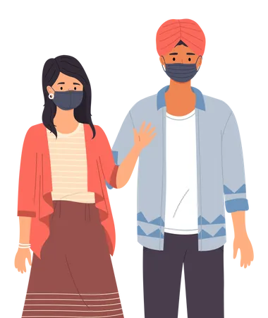 Indian man and girl wearing medical masks Illustration