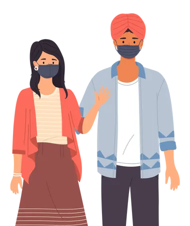 Indian man and girl wearing medical masks  Illustration