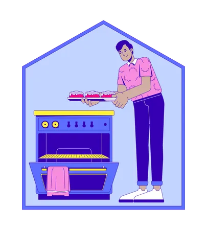 Indian man baking cinnamon rolls in cozy kitchen at home  Illustration