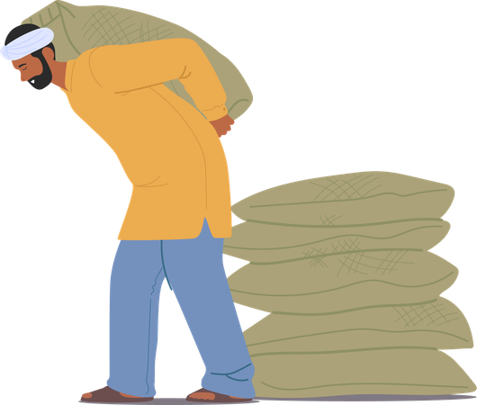 Indian Man Carries Heavy Sack On Back  Illustration