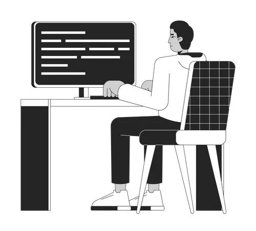 Indian Man Developing Computer Software Black And White 2 D Line Cartoon Character Web Designer Working Isolated Vector Outline Person Software Engineering Monochromatic Flat Spot Illustration Illustration