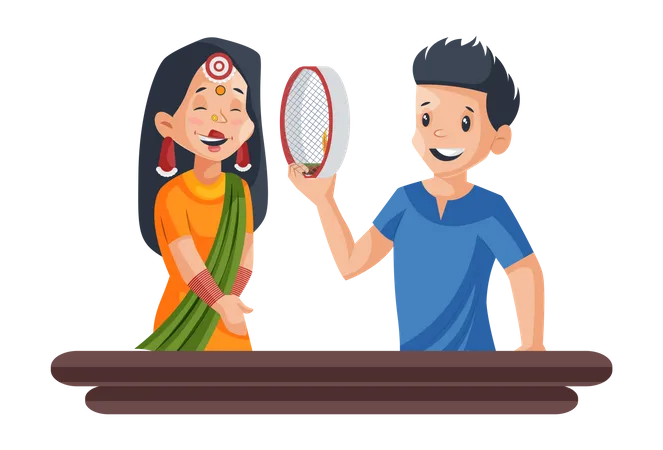 Indian man doing ritual of karwachauth  Illustration