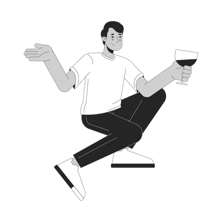 Indian Man Drinking Cocktail Black And White 2 D Line Cartoon Character South Asian Guy Holding Wineglass Isolated Vector Outline Person Cheers Young Adult Male Monochromatic Flat Spot Illustration Illustration