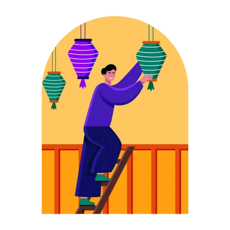 Indian man Hanging lanterns for diwali celebration  Illustration