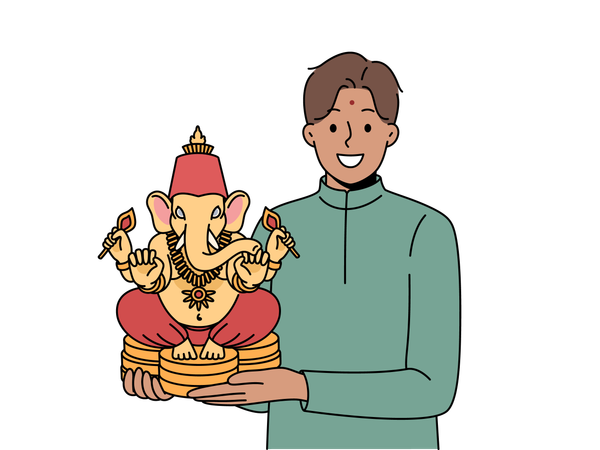 Indian man holding figurine Lord ganesha and smiles demonstrating amulet that brings good luck  Illustration